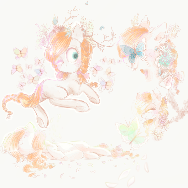 Size: 5000x5000 | Tagged: safe, artist:pinkablue, derpibooru import, oc, oc:flowering, unofficial characters only, butterfly, earth pony, pony, absurd resolution, blushing, braid, braided tail, crying, ear fluff, eyes closed, female, flower, flower in hair, lying, mare, one eye closed, open mouth, petals, ribbon, simple background, sketch, sketch dump, smiling, solo, wink