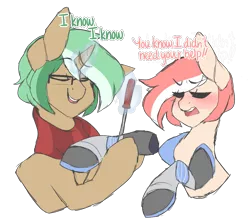 Size: 1111x997 | Tagged: safe, artist:mimisaurusrex, derpibooru import, oc, oc:blush, oc:oolong, unofficial characters only, earth pony, pony, unicorn, amputee, blushing, clothes, eyes closed, female, glasses, grumpy, holding, magic, male, mare, missing limb, prosthetic limb, prosthetics, repairing, scarf, screwdriver, stallion, stump, tooth gap, tsundere