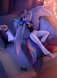 Size: 1180x1600 | Tagged: anthro, armpits, artist:tomatocoup, christmas, christmas lights, clothes, computer, controller, couch, derpibooru import, female, food, heterochromia, holiday, laptop computer, lying down, mare, meat, midriff, multicolored hair, not rainbow dash, oc, oc:cyclonespynn, on back, overwatch, pajamas, pants, pegasus, pepperoni, pepperoni pizza, pizza, rainbow hair, safe, solo, spread wings, sweatpants, tanktop, unguligrade anthro, unofficial characters only, wings, xbox 360 controller