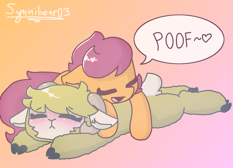 Size: 2600x1875 | Tagged: safe, artist:synnibear03, derpibooru import, scootaloo, oc, scootaloo loves sans