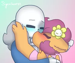 Size: 2140x1788 | Tagged: :3, anthro, artist:synnibear03, comic:ponytale, crossover, crossover shipping, derpibooru import, female, flowey, gradient background, kissing, male, oc, oc:ponytale scootaloo, safe, sans (undertale), scootaloo, scootaloo loves sans, scootasans, shipping, straight, undertale