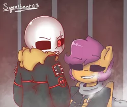 Size: 2600x2200 | Tagged: anthro, artist:synnibear03, comic:ponytale, crossover, crossover shipping, derpibooru import, edgy, female, male, oc, oc:ponytale scootaloo, safe, sans (undertale), scootaloo, scootaloo loves sans, scootasans, shipping, straight, underfell, underfell scootaloo, undertale