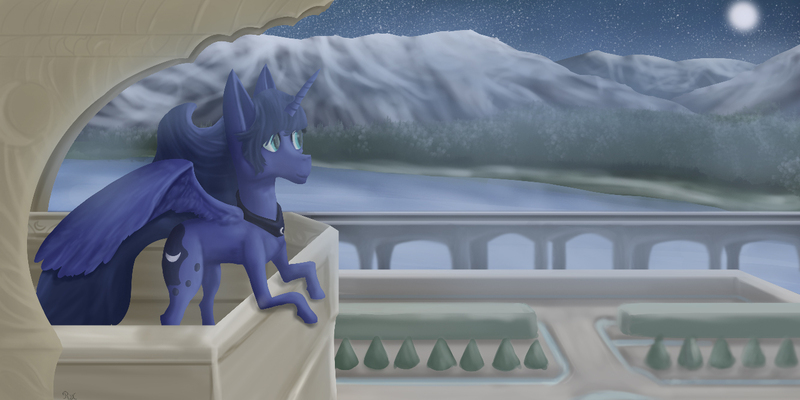 Size: 1333x667 | Tagged: safe, artist:reflex-pony, derpibooru import, princess luna, alicorn, pony, balcony, female, mare, moon, night, solo