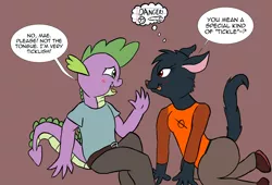 Size: 4430x3013 | Tagged: suggestive, artist:bronyxxi, derpibooru import, spike, anthro, cat, dragon, bedroom eyes, blushing, crack shipping, crossover, crossover shipping, dialogue, eye contact, female, implied sex, innuendo, looking at each other, mae borowski, maespike, male, moon, night in the woods, on floor, open mouth, rocket, shipping, smiling, smirk, speech bubble, straight, thought bubble, tongue out