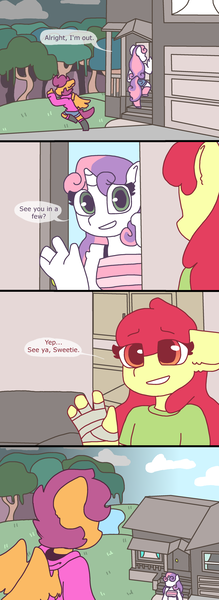 Size: 2124x5828 | Tagged: anthro, apple bloom, artist:synnibear03, comic, comic:ponytale, cutie mark crusaders, derpibooru import, midriff, oc, oc:ponytale apple bloom, oc:ponytale scootaloo, oc:ponytale sweetie belle, safe, scootaloo, scootaloo loves sans, sweetie belle, undertale