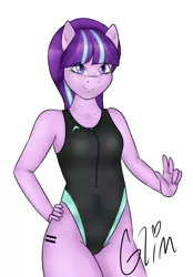 Size: 1847x2659 | Tagged: safe, artist:nero9, derpibooru import, starlight glimmer, anthro, earth pony, clothes, cute, equal cutie mark, glimmerbetes, hand on hip, high-cut clothing, missing horn, one-piece swimsuit, peace sign, race swap, signature, sports swimsuit, swimsuit