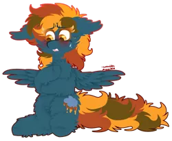 Size: 1024x841 | Tagged: safe, artist:vanillaswirl6, derpibooru import, oc, oc:morning raindew mist, unofficial characters only, pegasus, pony, blushing, chest fluff, chibi, commission, cute, cute little fangs, ear fluff, fangs, female, floppy ears, hoof fluff, leg fluff, looking down, mare, open mouth, scrunchy face, simple background, sitting, solo, sweat, sweatdrop, transparent background