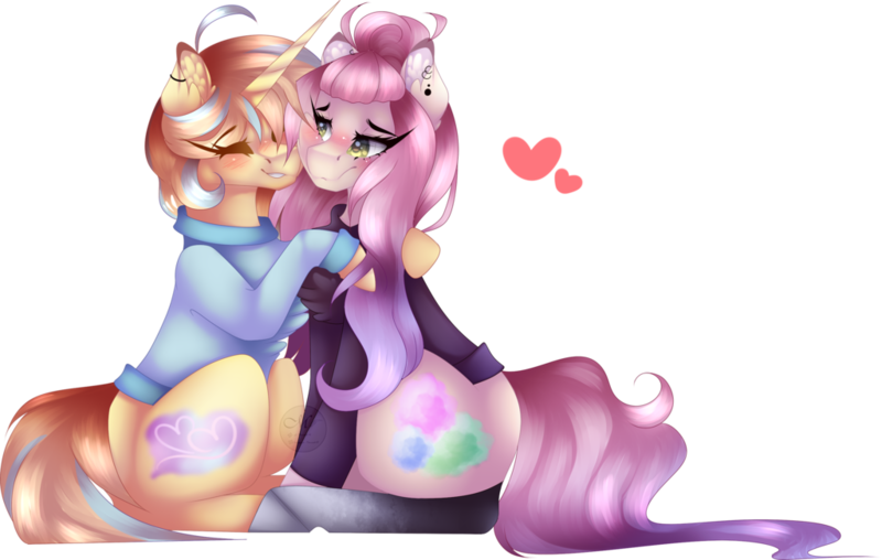 Size: 1024x650 | Tagged: safe, artist:mauuwde, derpibooru import, oc, oc:cotton cloud, oc:leah, unofficial characters only, earth pony, pony, unicorn, chest fluff, clothes, female, hug, mare, simple background, sitting, sweater, transparent background