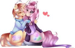 Size: 1024x650 | Tagged: safe, artist:mauuwde, derpibooru import, oc, oc:cotton cloud, oc:leah, unofficial characters only, earth pony, pony, unicorn, chest fluff, clothes, female, hug, mare, simple background, sitting, sweater, transparent background