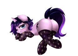 Size: 3509x2550 | Tagged: suggestive, artist:pridark, derpibooru import, oc, oc:safiya, unofficial characters only, pony, unicorn, clothes, female, mare, plot, simple background, socks, solo, transparent background