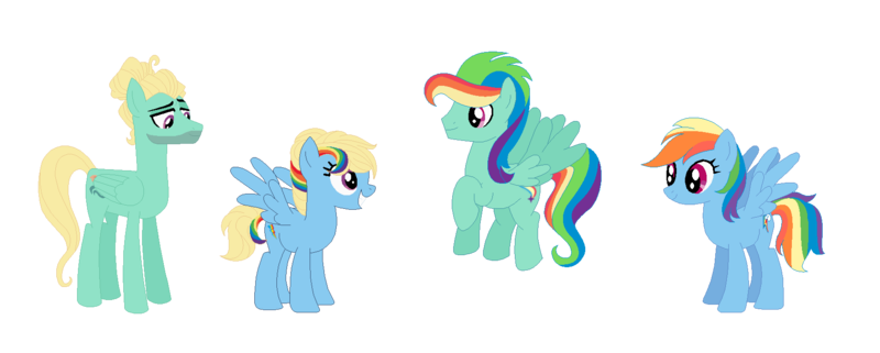 Size: 1747x700 | Tagged: artist:michellminor, derpibooru import, female, male, oc, oc:rainbow breeze, oc:thunder dash, offspring, parent:rainbow dash, parents:zephdash, parent:zephyr breeze, rainbow dash, safe, shipping, simple background, straight, transparent background, zephdash, zephyr breeze