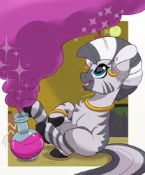 Size: 620x744 | Tagged: safe, artist:itstaylor-made, derpibooru import, zecora, zebra, cute, ear piercing, earring, female, heart eyes, jewelry, missing cutie mark, piercing, potion, smiling, solo, wingding eyes, younger, zecorable