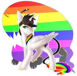 Size: 2680x2652 | Tagged: safe, artist:brinxx-creations, derpibooru import, oc, oc:lightning bliss, oc:twink, unofficial characters only, alicorn, pony, alicorn oc, goggles, looking at you, rainbow alicorn, rainbow hair, simple background, smiling, solo, transparent background, twink