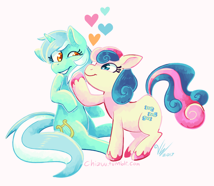 Size: 2035x1768 | Tagged: safe, artist:chizuu, derpibooru import, bon bon, lyra heartstrings, sweetie drops, earth pony, pony, unicorn, adorabon, couple, cute, female, heart, heart eyes, lesbian, lyrabetes, lyrabon, mare, pink background, shipping, signature, simple background, smiling, stroking hair, wingding eyes