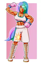 Size: 812x1280 | Tagged: abs, armpits, artist:ryujisama, biceps, boots, boxing, boxing gloves, breasts, busty princess celestia, clothes, commission, derpibooru import, female, flexing, hair over one eye, human, humanized, midriff, muscles, pink background, pose, princess celestia, princess musclestia, safe, shoes, simple background, smiling, solo, sports, sports bra, trunks