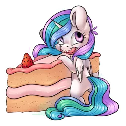 Size: 3531x3538 | Tagged: safe, artist:cutepencilcase, derpibooru import, princess celestia, alicorn, pony, cake, cakelestia, chibi, cute, cutelestia, faic, female, food, high res, looking back, mare, messy eating, micro, missing cutie mark, simple background, smiling, solo, tiny ponies, transparent background