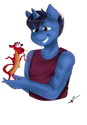 Size: 1024x1463 | Tagged: safe, artist:mrscurlystyles, derpibooru import, oc, oc:sonic boom, unofficial characters only, alicorn, anthro, dragon, anthro oc, black hair, brown eyes, clothes, male, mulan, mushu, shrug, smiling, tanktop, tongue out