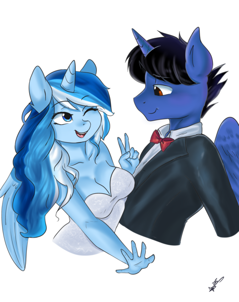 Size: 3400x4300 | Tagged: alicorn, anthro, anthro oc, artist:mrscurlystyles, black hair, blue eyes, blue hair, bowtie, breasts, brown eyes, cleavage, clothes, cute couple, derpibooru import, dress, female, light blue hair, male, multicolored hair, oc, oc:princess winter snow, oc:sonic boom, one eye closed, peace sign, safe, tuxedo, unofficial characters only, white dress, white hair, wink, winterboom