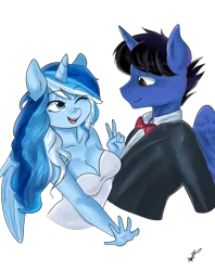 Size: 3400x4300 | Tagged: alicorn, anthro, anthro oc, artist:mrscurlystyles, black hair, blue eyes, blue hair, bowtie, breasts, brown eyes, cleavage, clothes, cute couple, derpibooru import, dress, female, light blue hair, male, multicolored hair, oc, oc:princess winter snow, oc:sonic boom, one eye closed, peace sign, safe, tuxedo, unofficial characters only, white dress, white hair, wink, winterboom
