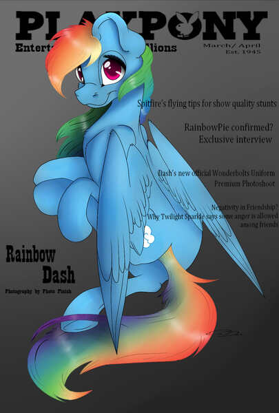 Size: 1181x1748 | Tagged: artist:scarlettnovel, derpibooru import, female, magazine cover, playboy, rainbow dash, solo, solo female, suggestive