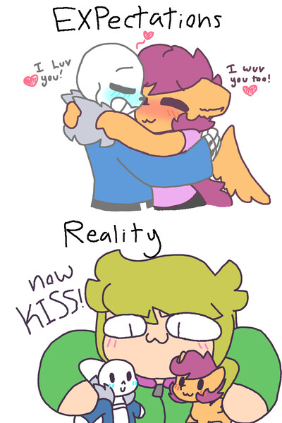 Size: 1600x2400 | Tagged: anthro, artist:synnibear03, comic:ponytale, crack shipping, crossover, crossover shipping, derpibooru import, expectation vs reality, female, human, male, now kiss, oc, oc:ponytale scootaloo, safe, sans (undertale), scootaloo, scootasans, shipper on deck, shipping, straight, undertale