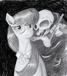 Size: 902x1021 | Tagged: arnold böcklin, artist:t72b, bags under eyes, bone, bowtie, bust, cloak, clothes, dark, derpibooru import, fine art parody, grim reaper, monochrome, octavia melody, portrait, safe, skeleton, skeleton pony, skull, tired, traditional art, violin, worried