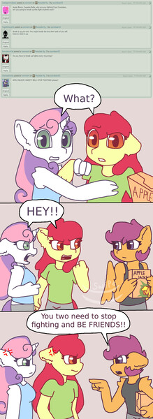 Size: 2124x5828 | Tagged: anthro, apple bloom, artist:synnibear03, comic:ponytale, cutie mark crusaders, derpibooru import, oc, oc:ponytale apple bloom, oc:ponytale scootaloo, oc:ponytale sweetie belle, safe, scootaloo, sweetie belle