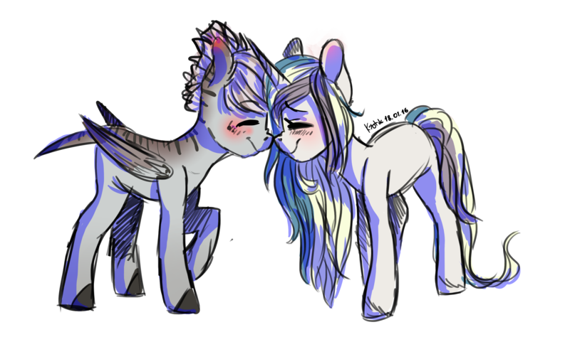 Size: 3500x2104 | Tagged: safe, artist:krotik, derpibooru import, oc, unofficial characters only, pegasus, pony, unicorn, blushing, happy, nuzzling, smiling