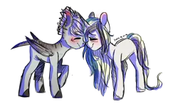 Size: 3500x2104 | Tagged: safe, artist:krotik, derpibooru import, oc, unofficial characters only, pegasus, pony, unicorn, blushing, happy, nuzzling, smiling