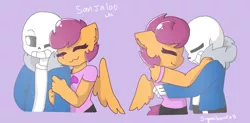 Size: 2068x1020 | Tagged: safe, artist:synnibear03, derpibooru import, scootaloo, oc, oc:ponytale scootaloo, anthro, comic:ponytale, crossover, crossover shipping, female, male, sans (undertale), scootasans, shipping, straight, undertale