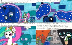 Size: 3295x2050 | Tagged: safe, artist:eternaljonathan, derpibooru import, nightmare moon, princess celestia, princess luna, oc, oc:nemo, alicorn, pony, comic:a new twist, alley, coffee, comic, criminal, dream, guardian, jewelry, monster, plot, poison, potion, royal sisters, traditional art