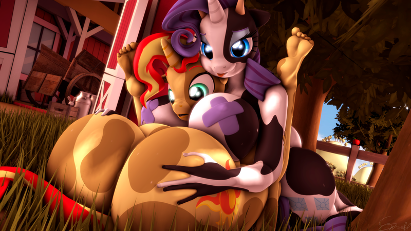 Size: 3840x2160 | Tagged: questionable, artist:snuddy, derpibooru import, rarity, sunset shimmer, anthro, cow, cow pony, plantigrade anthro, 3d, ass, bandaid, barefoot, bedroom eyes, big breasts, breasts, bunset shimmer, busty rarity, butt grab, cowified, cutie mark, featureless crotch, feet, female, frontbend, grope, horn, lesbian, looking at you, nudity, pasties, presenting, raricow, scrunchy face, shipping, source filmmaker, species swap, spread legs, spreading, stupid sexy rarity, stupid sexy sunset shimmer, sunsarity, sunset shimmoo, the ass was fat, tongue out