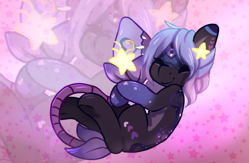 Size: 1024x671 | Tagged: safe, artist:pomrawr, derpibooru import, oc, unofficial characters only, original species, plant pony, pony, eyes closed, female, hug, mare, monster mare, pillow, plant, sleeping, smiling, solo, stars, ych result, zoom layer