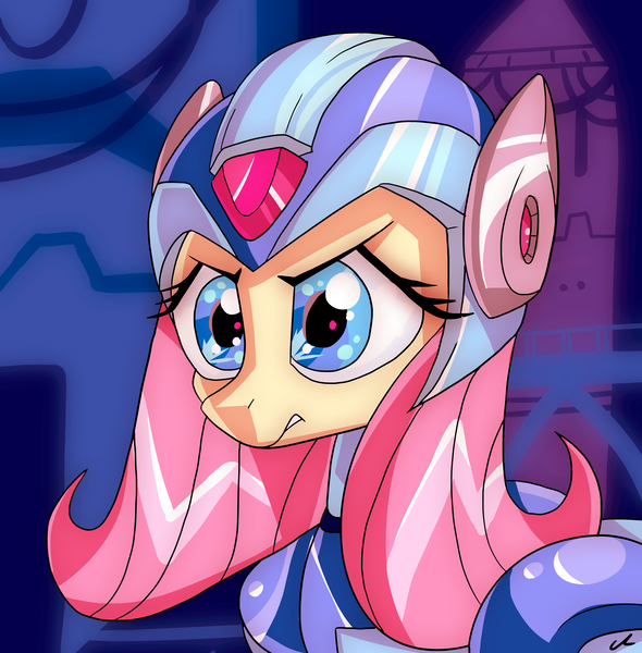 Size: 6047x6152 | Tagged: safe, artist:docwario, derpibooru import, fluttershy, pegasus, pony, absurd resolution, armor, bust, crossover, female, helmet, mare, megaman, megaman x, megamare, portrait, solo, wide eyes