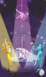 Size: 1600x2684 | Tagged: safe, artist:jenndylyon, derpibooru import, adagio dazzle, aria blaze, princess celestia, sonata dusk, alicorn, pony, equestria girls, armpits, balancing, ball, boots, breasts, cage, cleavage, element of generosity, element of honesty, element of kindness, element of laughter, element of loyalty, element of magic, elements of harmony, female, floppy ears, glowing eyes, grin, hidden eyes, high heels, imprisonment, juggling, mare, messy mane, midriff, open mouth, prone, sadlestia, sailor moon, shoes, smiling, smirk, spotlight, spread wings, the dazzlings, underhoof, watermark, whip, wing fluff, wings