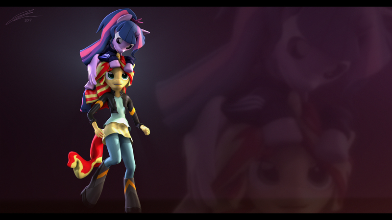 Size: 3840x2160 | Tagged: safe, alternate version, artist:imafutureguitarhero, derpibooru import, sci-twi, sunset shimmer, twilight sparkle, twilight sparkle (alicorn), ponified, alicorn, anthro, pony, unguligrade anthro, unicorn, equestria girls, 3d, adidas, alternate hairstyle, anthro with ponies, black bars, boots, chromatic aberration, clothes, cute, dress, equestria girls ponified, female, film grain, floppy ears, hoodie, horn, jacket, leather jacket, lesbian, open mouth, pants, ponytail, scitwilicorn, scitwishimmer, shipping, shoes, signature, sitting on head, skirt, source filmmaker, sunsetsparkle, tongue out, tracksuit, twiabetes, wallpaper, wallpaper edit, wings, zoom layer