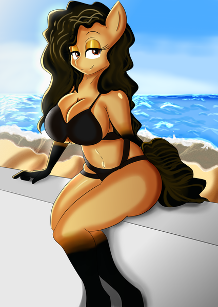 Size: 1488x2101 | Tagged: suggestive, artist:solratic, derpibooru import, oc, oc:terra, unofficial characters only, anthro, earth pony, beach, bedroom eyes, big breasts, black bra, black panties, bra, breasts, cleavage, clothes, female, gloves, looking at you, mare, panties, seductive, seductive look, sitting, smiling, solo, solo female, underwear