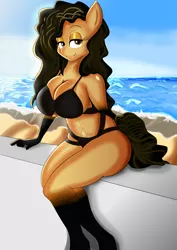 Size: 1488x2101 | Tagged: suggestive, artist:solratic, derpibooru import, oc, oc:terra, unofficial characters only, anthro, earth pony, beach, bedroom eyes, big breasts, black bra, black panties, bra, breasts, cleavage, clothes, female, gloves, looking at you, mare, panties, seductive, seductive look, sitting, smiling, solo, solo female, underwear