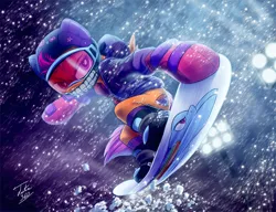 Size: 1200x923 | Tagged: safe, artist:tsitra360, derpibooru import, scootaloo, pegasus, pony, badass, bipedal, boots, clothes, cutie mark, gloves, goggles, hoodie, jacket, shoes, snow, snowboard, socks, solo, sports, stunt, wings