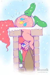 Size: 663x1000 | Tagged: suggestive, artist:weasselk, derpibooru import, pinkie pie, pony, balloonbutt, bottom heavy, chimney, christmas, clothes, fat, female, hat, holiday, large butt, mare, need to go on a diet, need to lose weight, pudgy pie, sack, santa hat, santa sack, snow, socks, solo, solo female, stockings, stuck, sweat, the ass is monstrously oversized for tight entrance, the ass was fat, the ass was too fat, thigh highs, thunder thighs, too fat, too fat to fit, too fat to get through