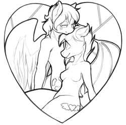 Size: 3532x3500 | Tagged: suggestive, artist:florecentmoo, derpibooru import, oc, oc:nuke, oc:speck, unofficial characters only, anthro, bat pony, pegasus, breasts, featureless breasts, female, heart, husband and wife, male, married couple, married couples doing married things, nudity, smiling, speke