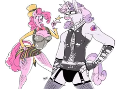 Size: 1200x888 | Tagged: suggestive, artist:ursa, derpibooru import, pinkie pie, sweetie belle, anthro, earth pony, unicorn, alternative cutie mark placement, armpits, clothes, columbia, corset, crossdressing, crossover, cutie mark, dr. frank n furter, fishnets, flehmen response, garters, hat, hoers, horses doing horse things, jewelry, necklace, open mouth, panties, performer, raised eyebrow, rocky horror picture show, rule 63, shoulder cutie mark, silver bell, simple background, stockings, the cmc's cutie marks, thigh highs, transvestite, underwear, wat, white background, wide eyes