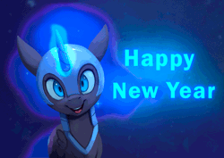 Size: 900x638 | Tagged: safe, artist:rodrigues404, derpibooru import, nightmare moon, pony, animated, cinemagraph, cute, female, filly, glowing horn, happy new year, holiday, levitation, looking at you, magic, magic aura, moonabetes, nicemare moon, nightmare woon, open mouth, smiling, solo, standing, telekinesis