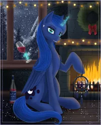 Size: 2610x3239 | Tagged: safe, artist:dezdark, derpibooru import, princess luna, alicorn, pony, alcohol, cute, cute little fangs, dreamcatcher, fangs, female, fireplace, glass, happy new year, holiday, looking at you, mare, smiling, snow, solo, tree, window, wine, wine bottle, wine glass, wreath