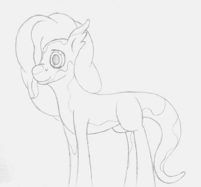 Size: 1132x1056 | Tagged: safe, artist:parallel black, derpibooru import, pinkie pie, alp-luachra, original species, alp-luachrified, monochrome, sketch, solo, species swap