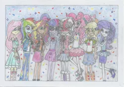 Size: 2474x1735 | Tagged: safe, artist:nephilim rider, derpibooru import, applejack, fluttershy, pinkie pie, rainbow dash, rarity, sci-twi, sunset shimmer, twilight sparkle, oc, oc:heaven lost, equestria girls, equestria girls series, happy new year, holiday, traditional art