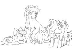 Size: 1536x1108 | Tagged: safe, artist:parallel black, derpibooru import, apple bloom, applejack, scootaloo, sweetie belle, halloween, holiday, jack-o-lantern, monochrome, nightmare night, pumpkin, sketch