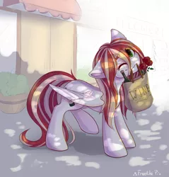 Size: 1024x1069 | Tagged: dead source, safe, artist:freckleplant, derpibooru import, oc, unofficial characters only, pegasus, pony, alcohol, bag, commission, female, floppy ears, flower, head tilt, looking at you, mare, mouth hold, one eye closed, rose, smiling, solo, wine, wine bottle, wings, wink