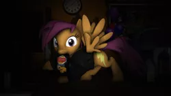 Size: 3920x2205 | Tagged: safe, artist:bronycrystalnight, derpibooru import, scootaloo, 3d, alternate cutie mark, caught, chips, clock, food, mouth hold, poster, potato chips, solo, source filmmaker, spotlight, spread wings, wingboner, wings