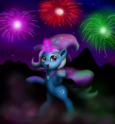 Size: 3000x3253 | Tagged: safe, artist:celsian, derpibooru import, trixie, pony, unicorn, bipedal, cape, clothes, cute, diatrixes, female, fireworks, happy new year, happy new year 2018, hat, high res, holiday, magic, magic aura, mare, night, open mouth, smiling, solo, standing, stars, trixie's cape, trixie's hat